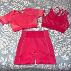 Gymshark Hot pink set (includes shorts, crop top, & sports bra) size M